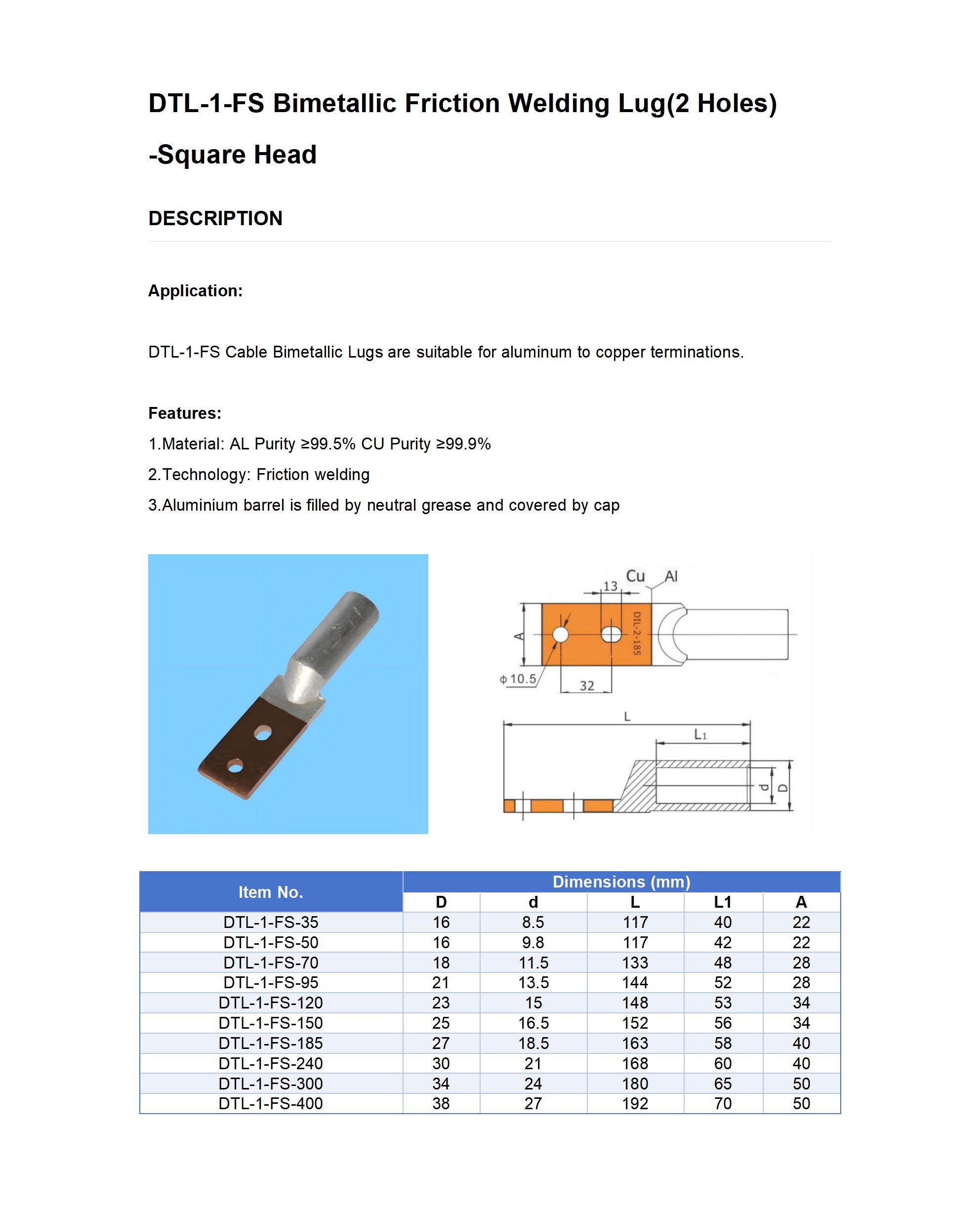 DTL-1-FS Double Holes Bimetal Cable Lugs detail 1